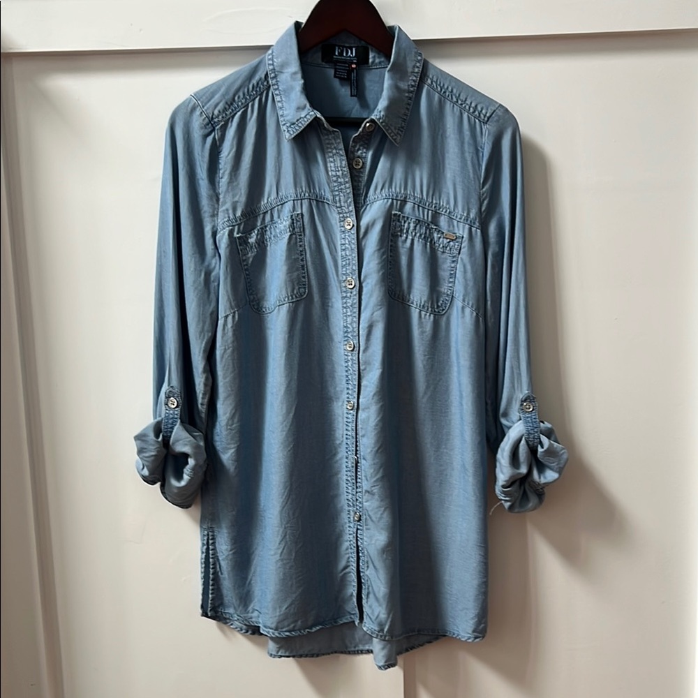 FDJ Light Blue Button-Up Tunic length Shirt